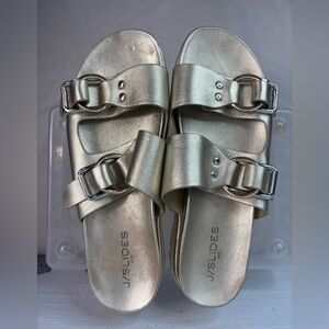 J Slides NYC 10 Gold Leather O-Ring Buckle Sandals